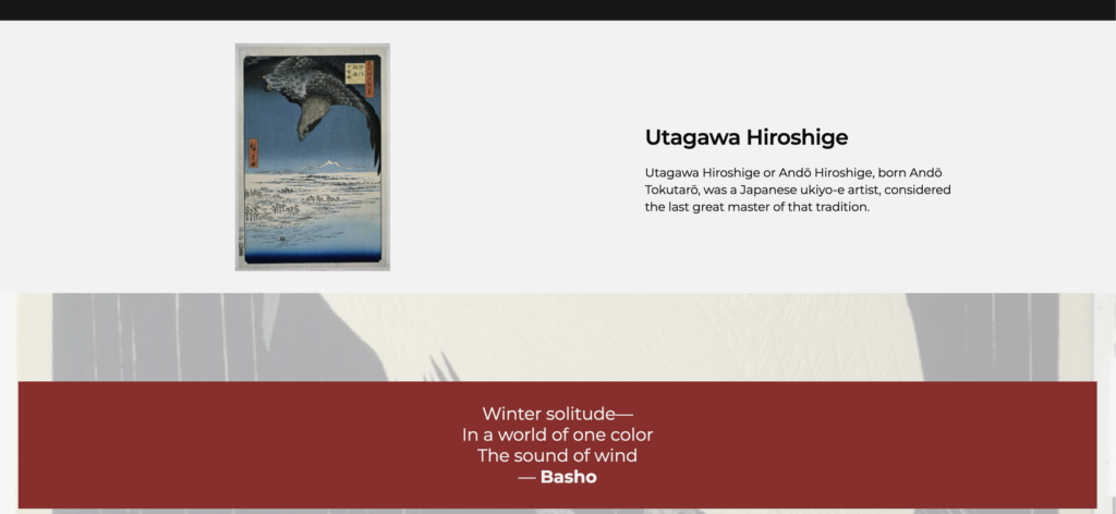 Museable digital exhibit sample featuring Kachō-e: Bird & Flower in the Snow, showing collection objects, artist profiles, and curatorial context in a clean, accessible online layout.