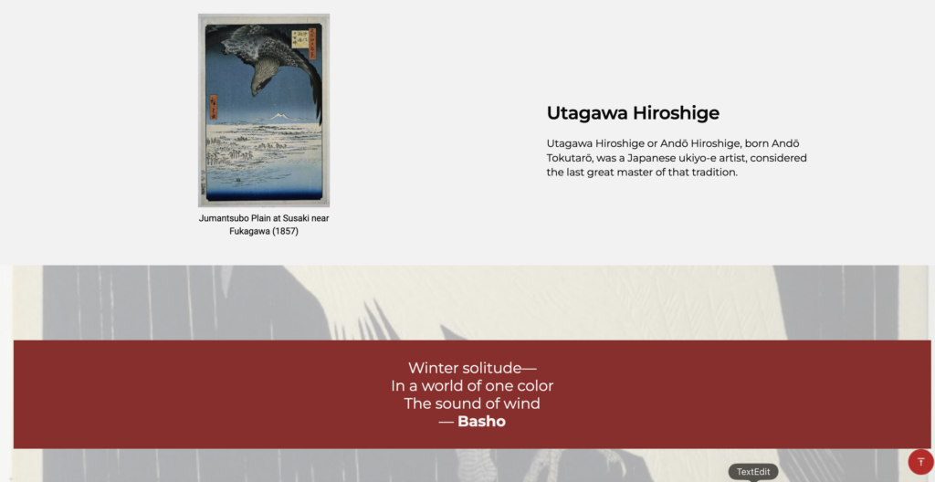 Sample Museable digital exhibit template showing an artist profile page for Utagawa Hiroshige within the Kachō-e: Bird & Flower in the Snow exhibit, featuring the woodblock print Jumantsubo Plain at Susaki near Fukagawa (1857) alongside biographical text and a highlighted haiku by Basho on a deep red banner.