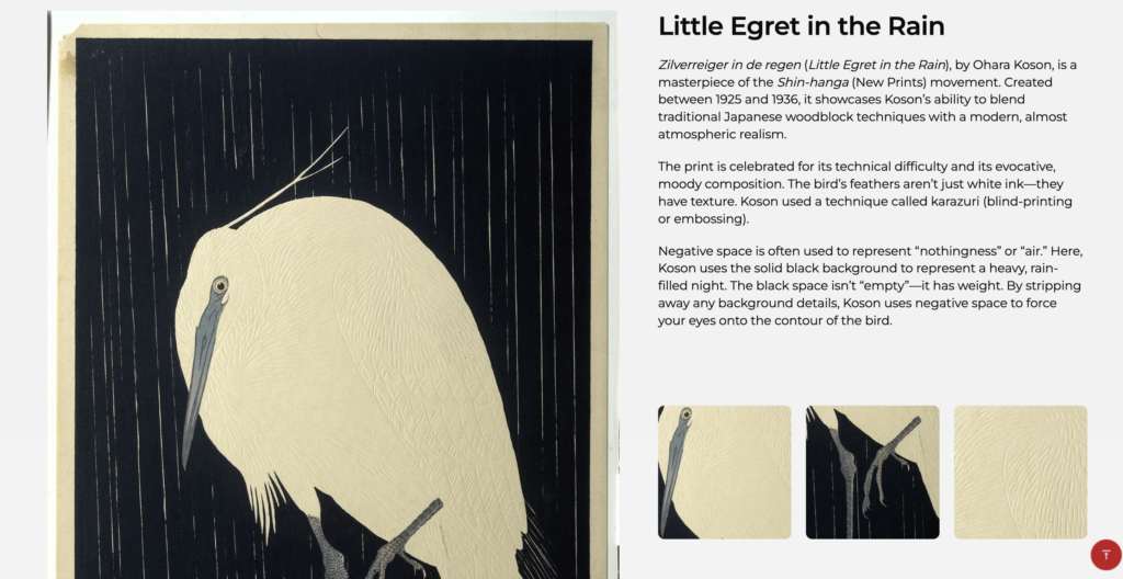 Sample Museable digital exhibit template displaying an object detail page for Little Egret in the Rain by Ohara Koson, showing a large woodblock print of a white egret against a dark rainy background alongside curatorial text about the Shin-hanga movement and karazuri embossing technique, with three close-up detail images below.